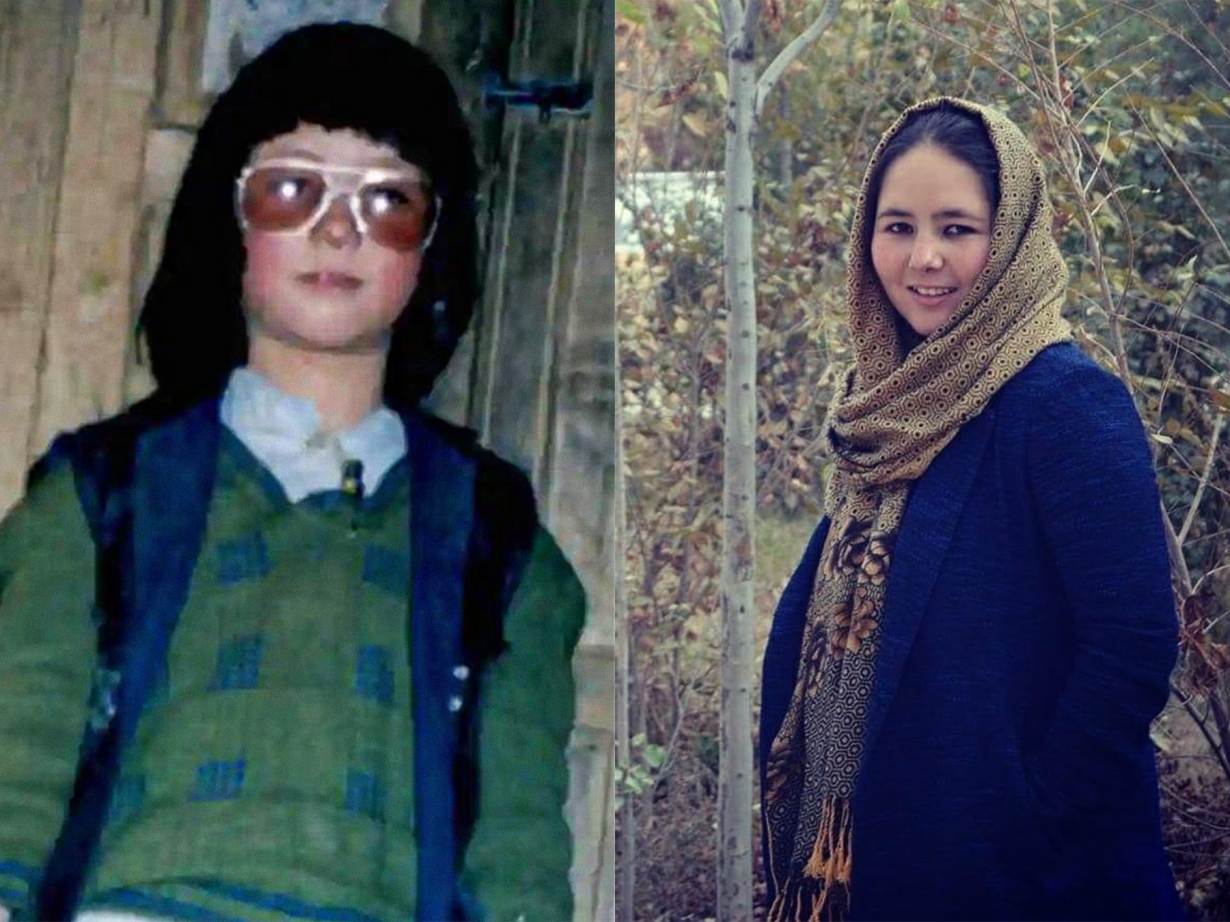 Links: Zahra Joya ongeveer 8 jaar oud, gekleed als jongen in de provincie Bamyan. Rechts: Joya in een park in Kaboel in 2017. Foto: Zahra Joya